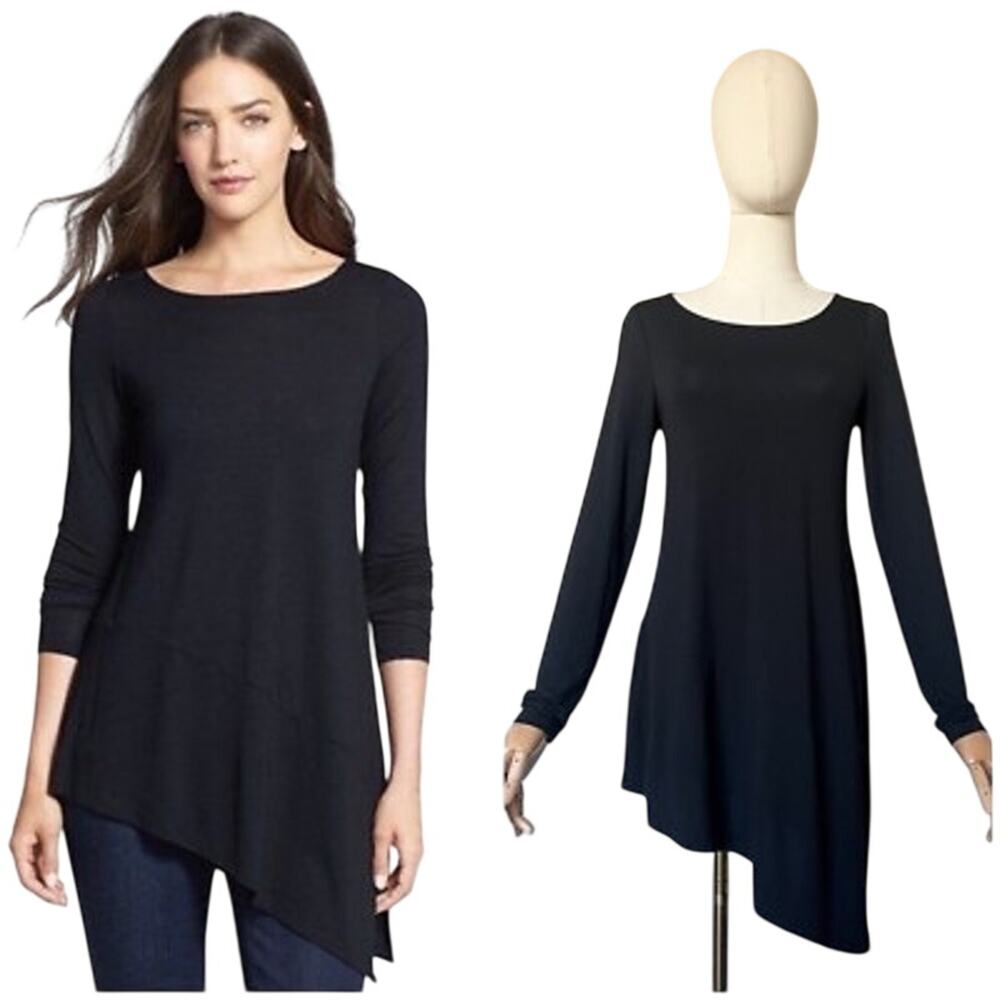 Eileen Fisher Black Long Sleeve Asymmetric Hem Tunic Top XL VGUC